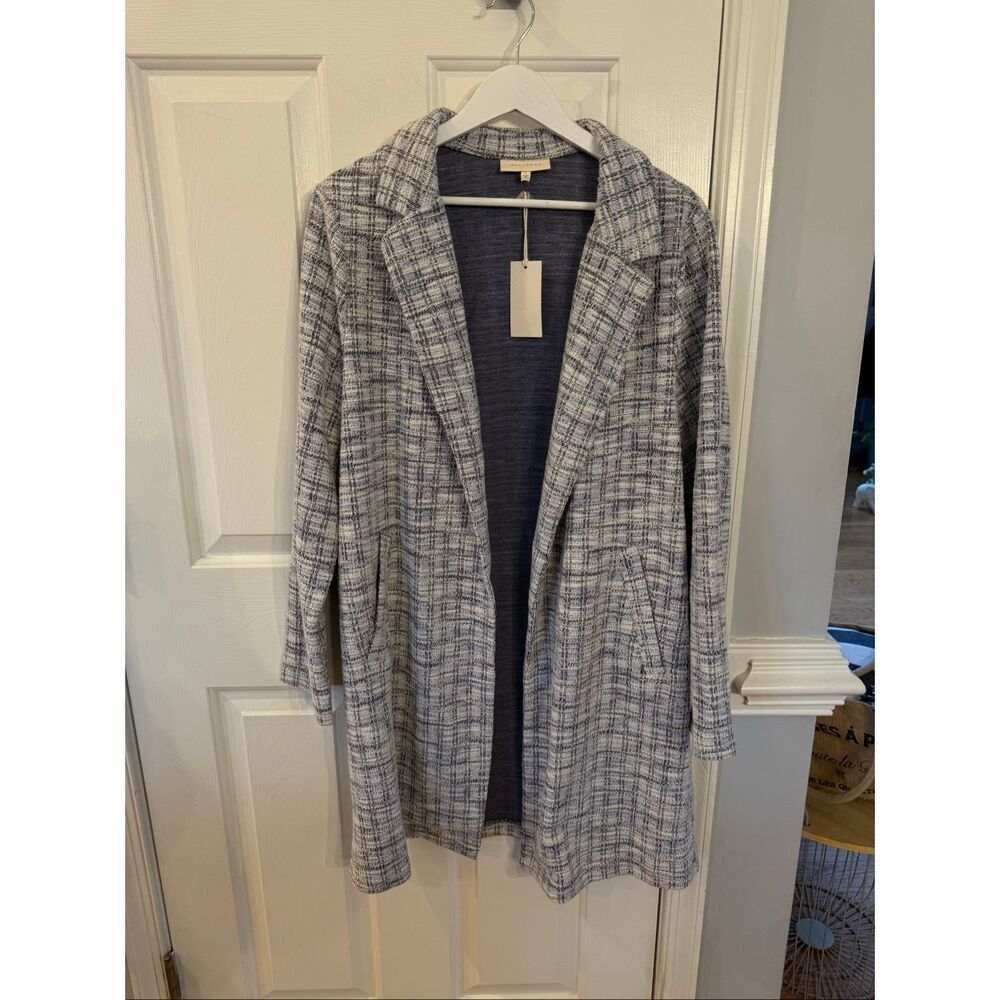 Melloday Baby Blue Plaid Open Front Spring Overcoat Sz L NWT